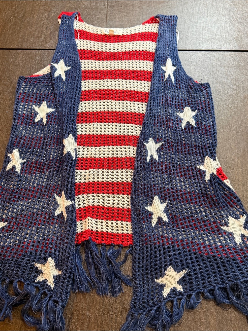 Cloudchaser American Flag Crochet Fringe Vest Size L Festival Boho